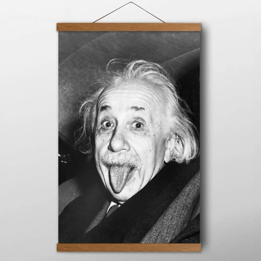 

Solid Wood Scrolls Paintings Albert Einstein Humorous Celebrity Portrait Poster Canvas Print Wall Art for Living Room Decor