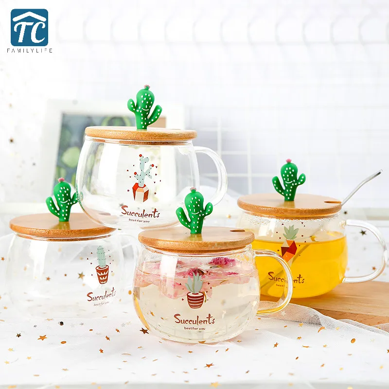

340ml Heat-resistant Glass Mug Cactus Glass Cup With Cover Spoon Office Couples Cup Creative Home Breakfast Coffee Drinkware