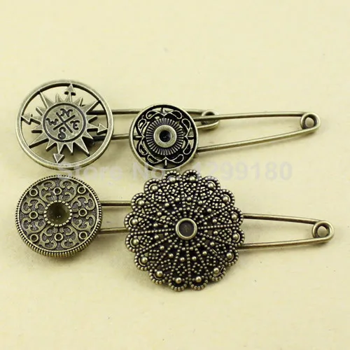 4pcs/lot Alloy Antique Brass Vintage Round Brooch Safety Pins For Garment Accessories Scarf Clip pins Approx:53-58mm (K01939)