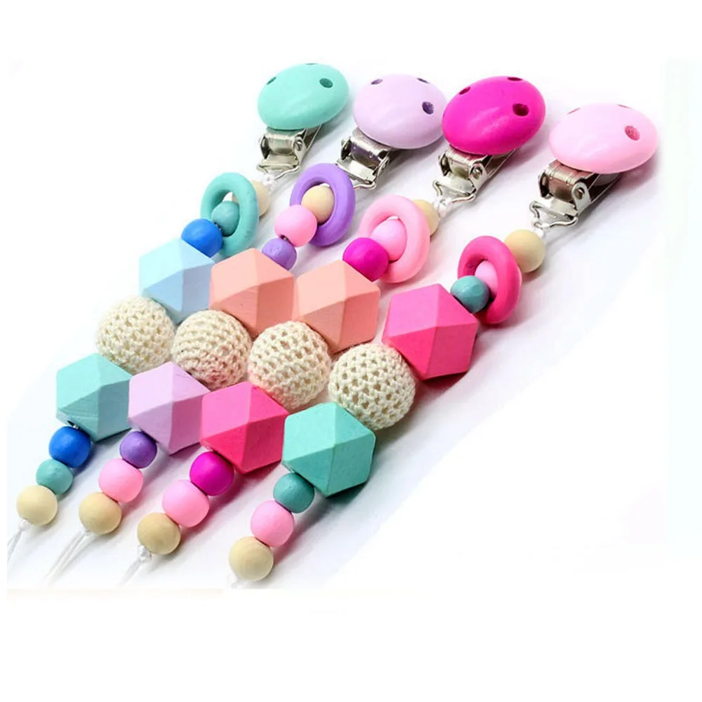 5Pcs Natural Wood Candy Color Pacifier Clip Chain Holder Woven Beaded and Round Chew Toy | Мать и ребенок