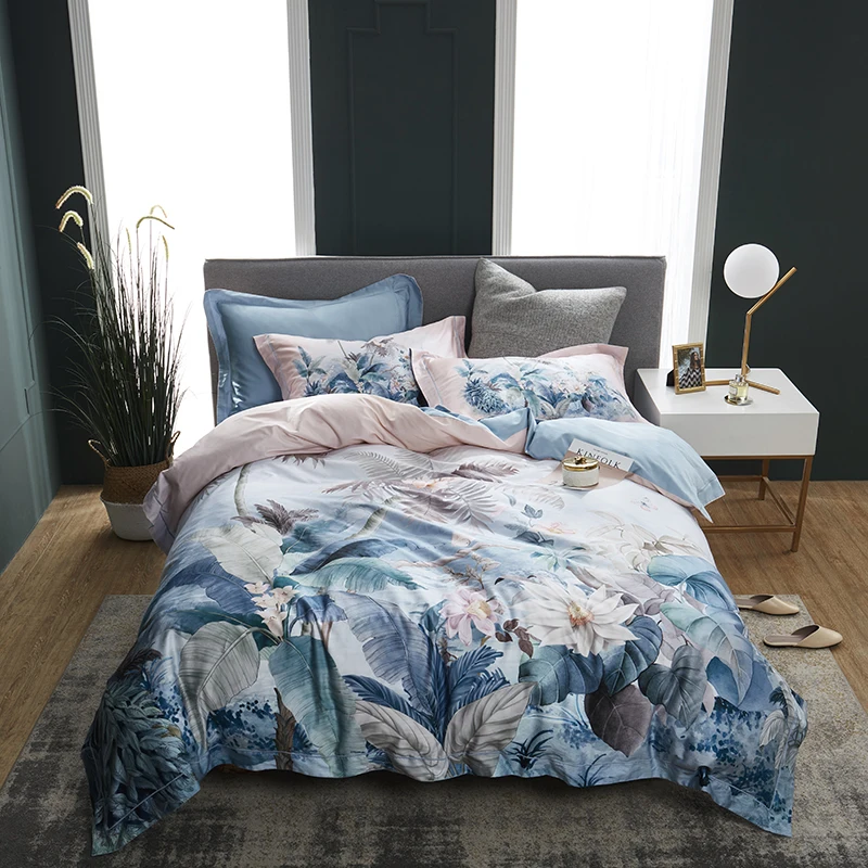 Najtaniej 100% egipska bawełna pościel królowa duży rozmiar 4 sztuk ptaki i kwiaty wzór liścia szary Shabby kołdra pokrywa prześcieradło poduszki shams