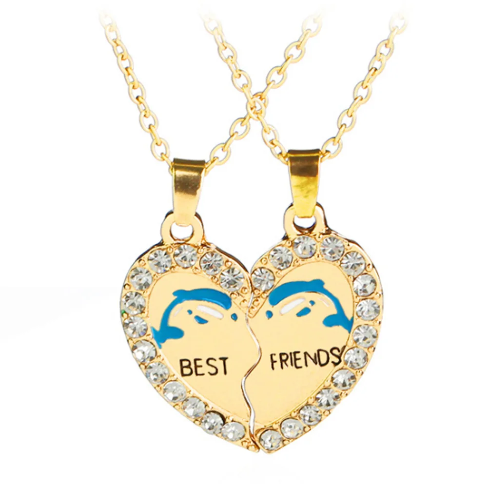 

New BEST FRIENDS Dolphin Heart Gold Color Tone 2 Parts Pendants Necklace Rhinestones Friendship Necklaces