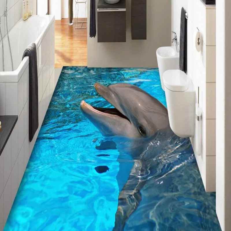 

beibehang Custom large fresco blue ocean dolphin bathroom 3d floor thickened waterproof wear pvc floor stickers