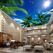 Средиземноморский стиль кокосовые деревья голубое небо Чайка потолочная Фреска тема отель Декор для гостиной природа обои потолочные фрески