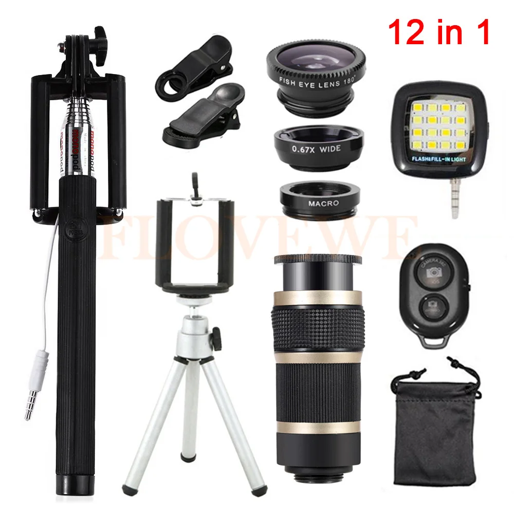 

2017 12in1 Mobile phone lentes Kit Fish eye Wide Angle Macro Lenses 8x Zoom Telephoto Lens With Tripod Clips Selfie Flash Light