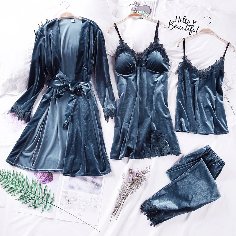

Dark Red Spring velvet Strap Top Pants Suit Pajamas 4PC Sleepwear Sets Womens Home Wear Nightwear Kimono Robe Bath Gown Bathrob