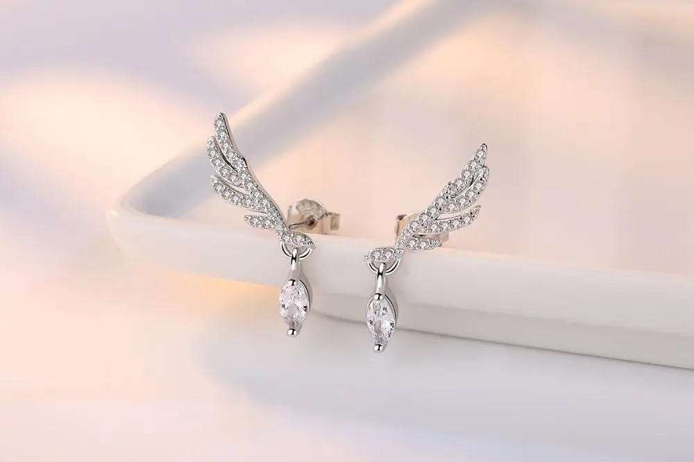 Luxury Brand Trendy Angel Wings Earring Studs Silver Statement Cubic Zirconia Earrings Fashion Earing for Women Oorbellen