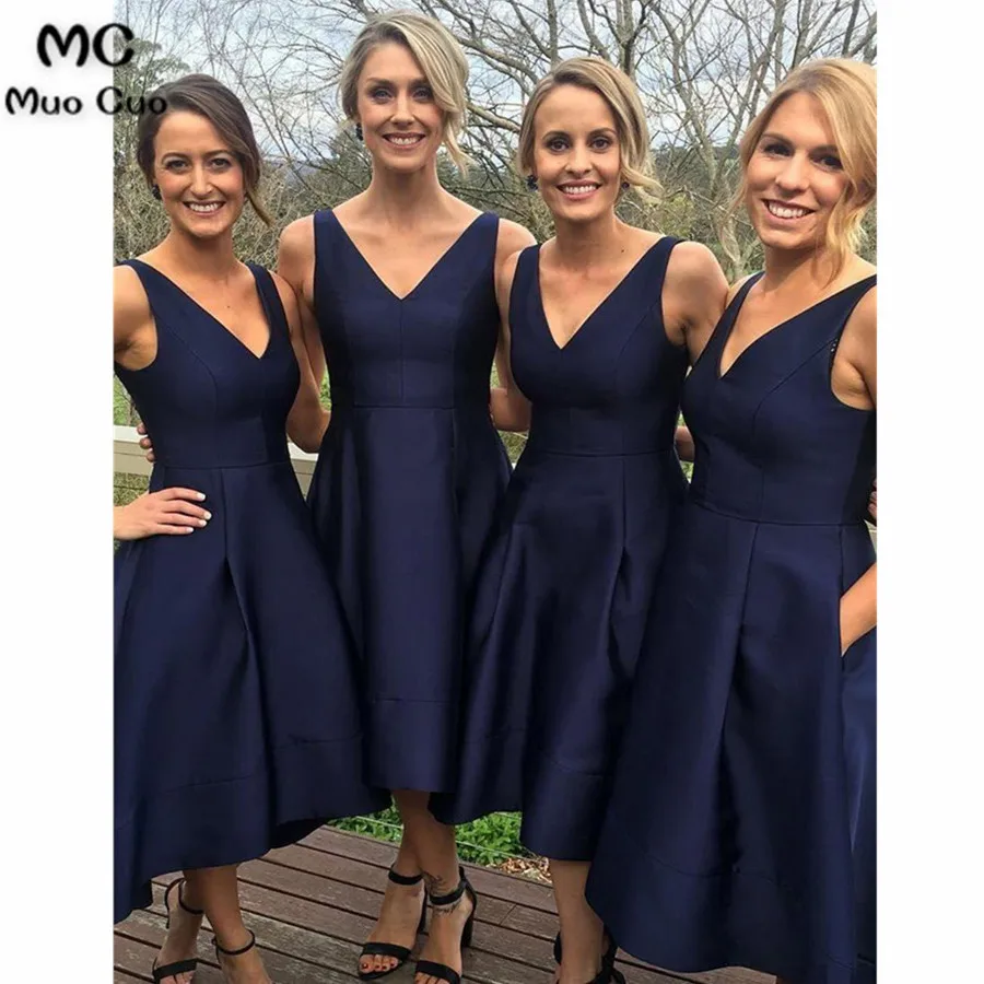 A-line V-neck Navy Satin Wedding Midi Bridesmaid Dresses High Low Party Dress