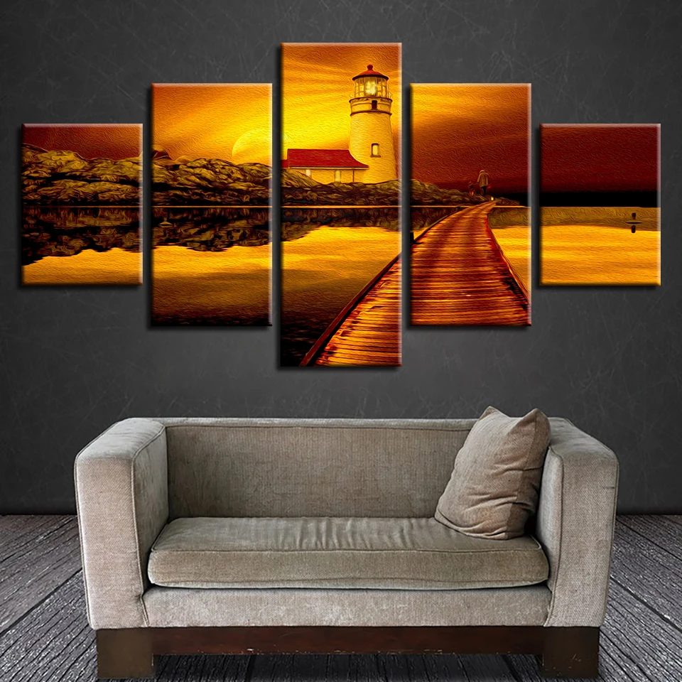 

Modern HD Printed Pictures Frame Home Decor 5 Panel Seaside Lighthouse Dusk View Canvas Painting Poster Wall Art Living Room