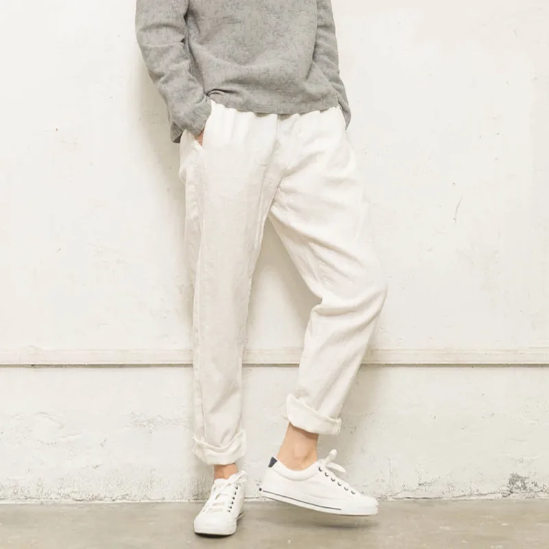 QPFJQD Spring Autumn Straight Soft Linen Pants Lady Solid Vintage
