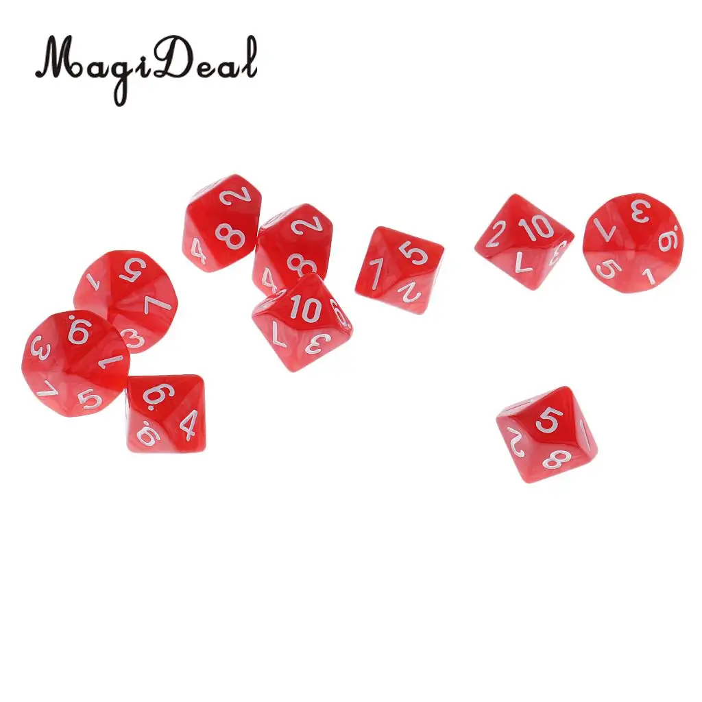 MagiDeal New Hot Sale 10Pcs Plastic Polyhedral 10-Sided Dice D10 for Funny Family Party Bar Club Dice Game Acce 5 Colors Option