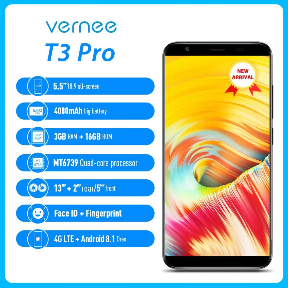 Оригинальный мобильный телефон VERNEE T3 Pro 3 ГБ + 16 Гб 5 &quot18:9 4G LTE MTK6739 четырехъядерный