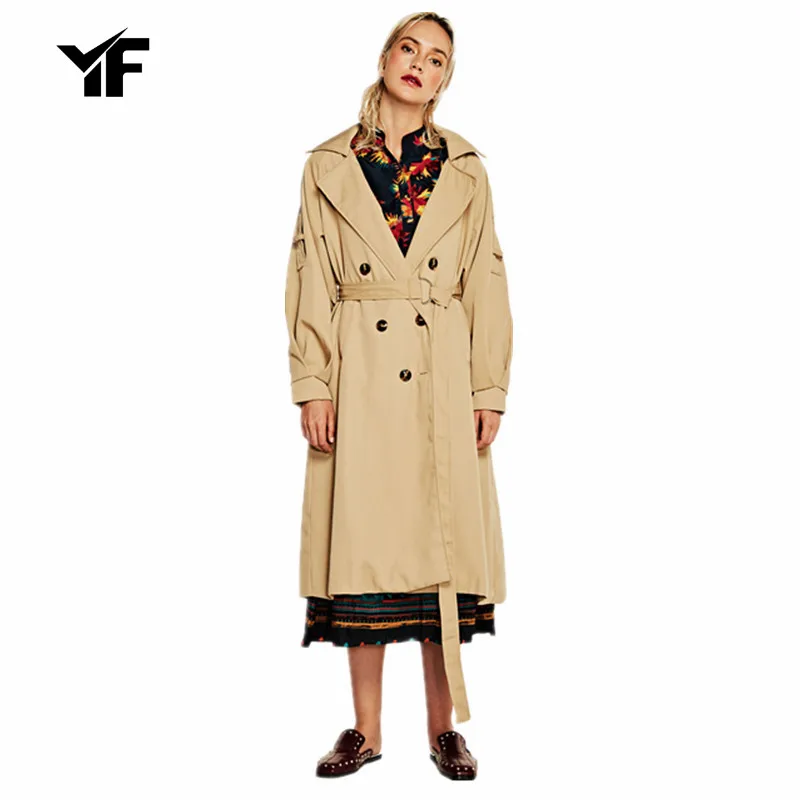 

YF 2018 Autumn New High Fashion Brand Woman Classic Double Breasted Trench Coat Waterproof Raincoat Business Outerwear