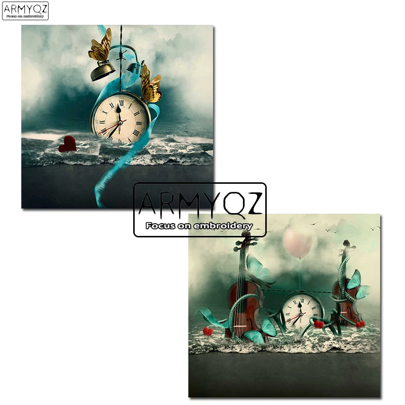 

New Full 5D Diamond Embroidery Wall Clock DIY Diamond Painting Cross Stitch Scenery Sea Watch 3D Diamond Mosaic Butterfly violin