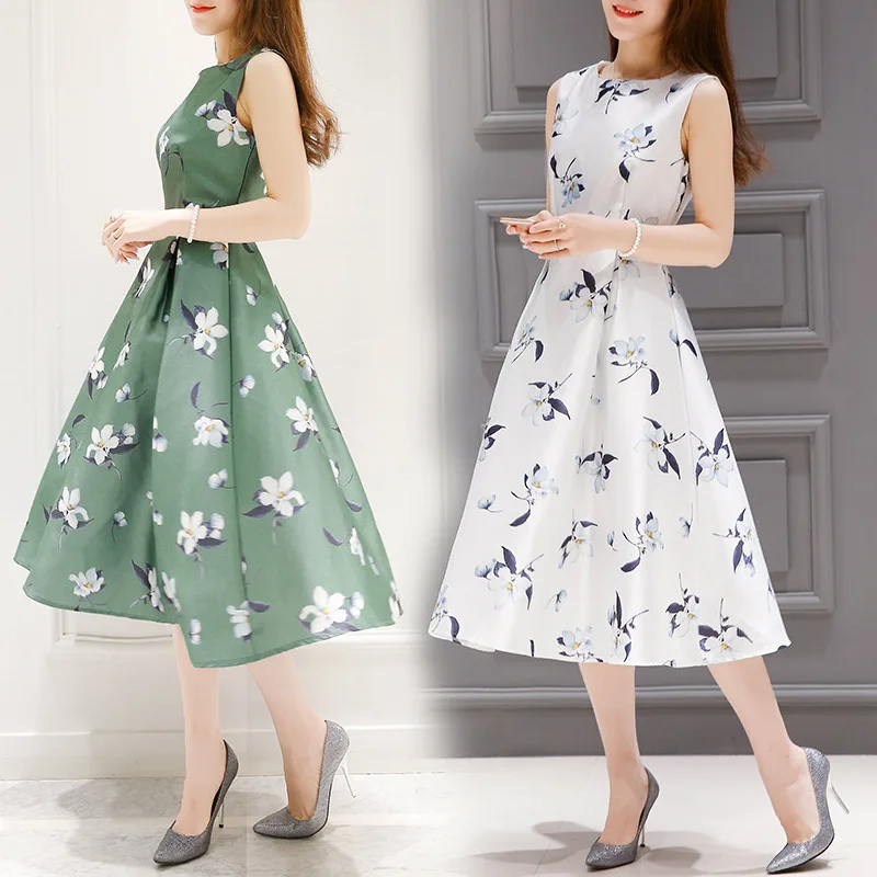 

2019 European Station Summer New Women's Fashion Print Long Sleeveless Dress Waist Was Thin A Word Dress