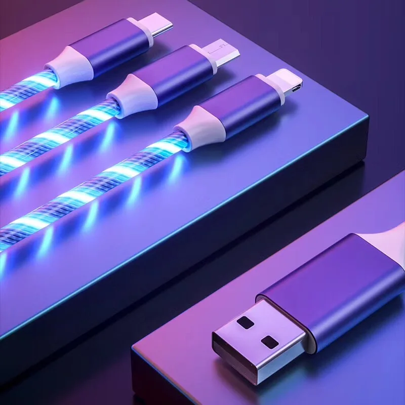 3 в 1 быстрая зарядка мобильный телефон данные кабельного USB кабеля светодиодный светящийся поток данных USB зарядное устройство кабель для iPhone X XR 6 samsung Galaxy S9