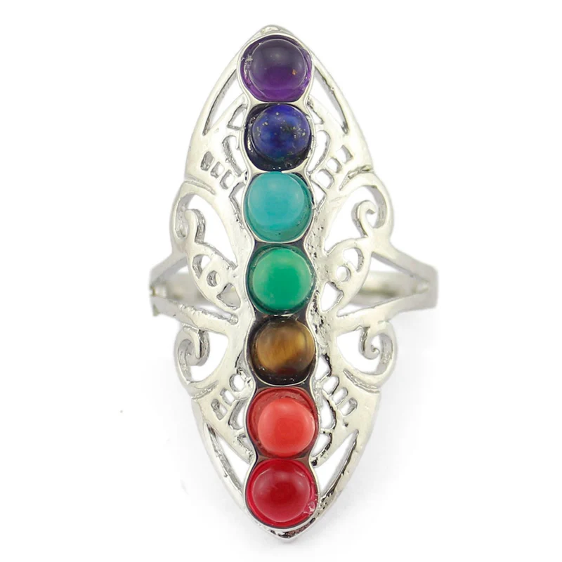 

Women's Natural Stone Ring Vintage Hollowed Flower Stone Adjustable Cuff Open Full Rings 7 Chakra Reiki Rainbow Stone Mid Rings