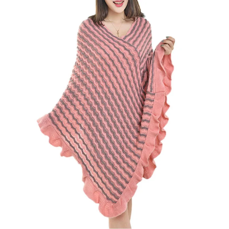 

Women Poncho Sweaters Autumn Tricot Wave Striped Capes Oversized Knitted Batwing Sleeve Ruffles Shawl Hnitted Sweater Sueter