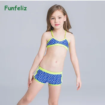 Funfeliz Children girl swimwear with skirt baby girl two pieces swimsuit blue bathing suit Girls Bikini kids swimming suit