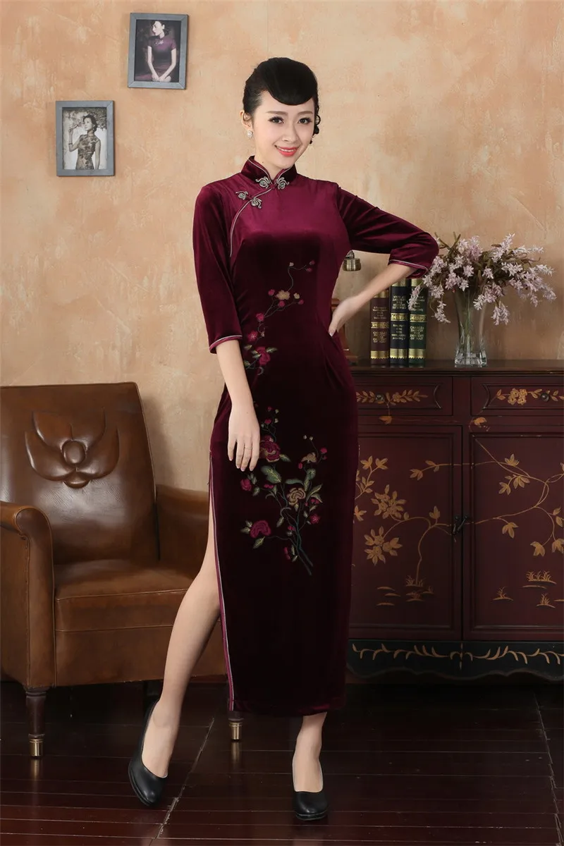 Шанхай история китайский Стиль долго Cheongsam платье женщины платья осень цветочной вышивкой платье бархат qipao платье 3 Стиль