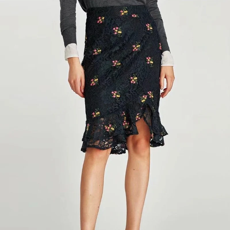 Aelegantmis Сексуальная кружевная юбка с оборками Женская мода асимметричный подол цветочные юбки с вышивкой Женская высокая талия тонкая юбка-карандаш - Цвет: Черный