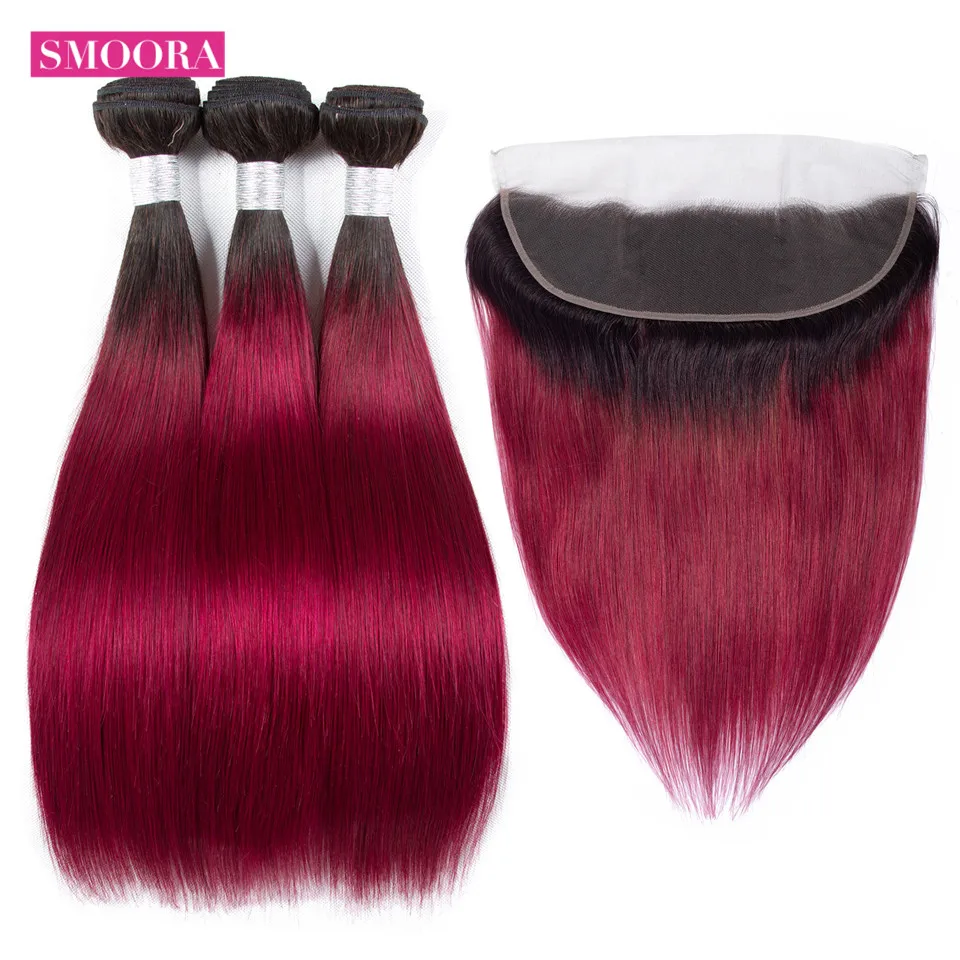 ombre burgundy straight bundle hair with frontal