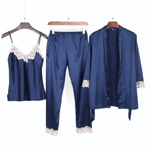 Демисезонный Для женщин сексуальная шелковая, сатиновая Пижама комплект кружевной пижамы комплект из 3 предметов халат+ скольжения топ+ штаны, модная домашняя одежда, одежда для сна