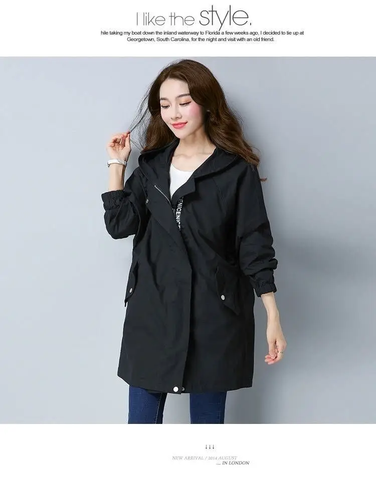 Vangull Women Trench Coat Female Long Sleeve Thin Hooded Wind Coat Autumn New Plus Size Loose Zipper Adjust Waist Outerwear