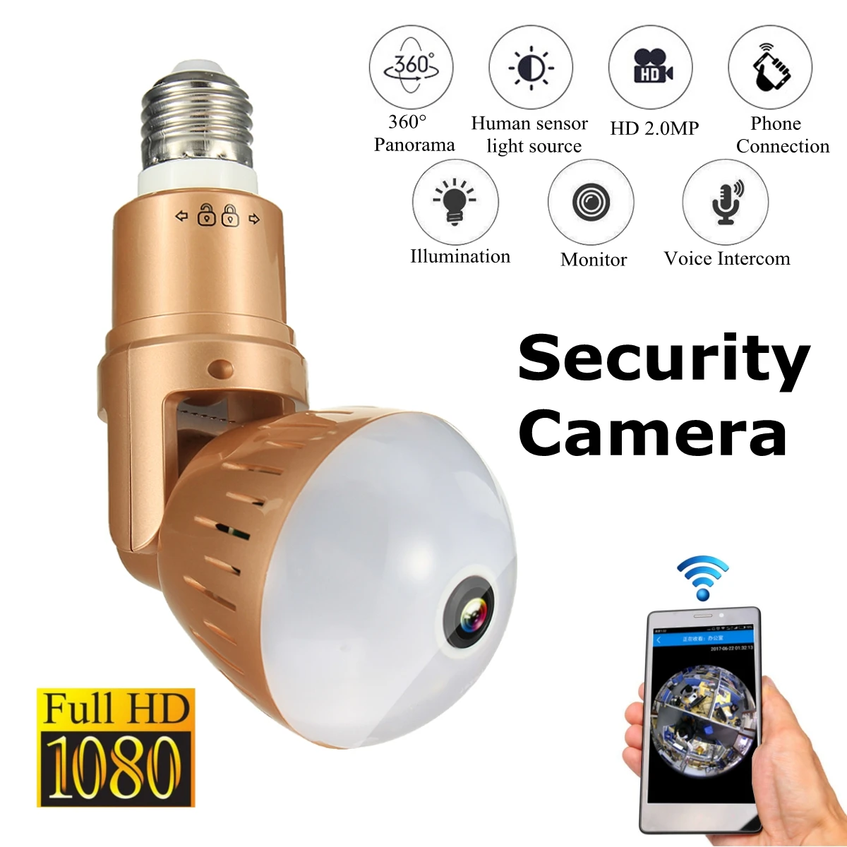 

360 Degree 1080P HD Panorama Monitor Panoramic Wireless Wifi IP Light Bulb Security Camera Home Monitor