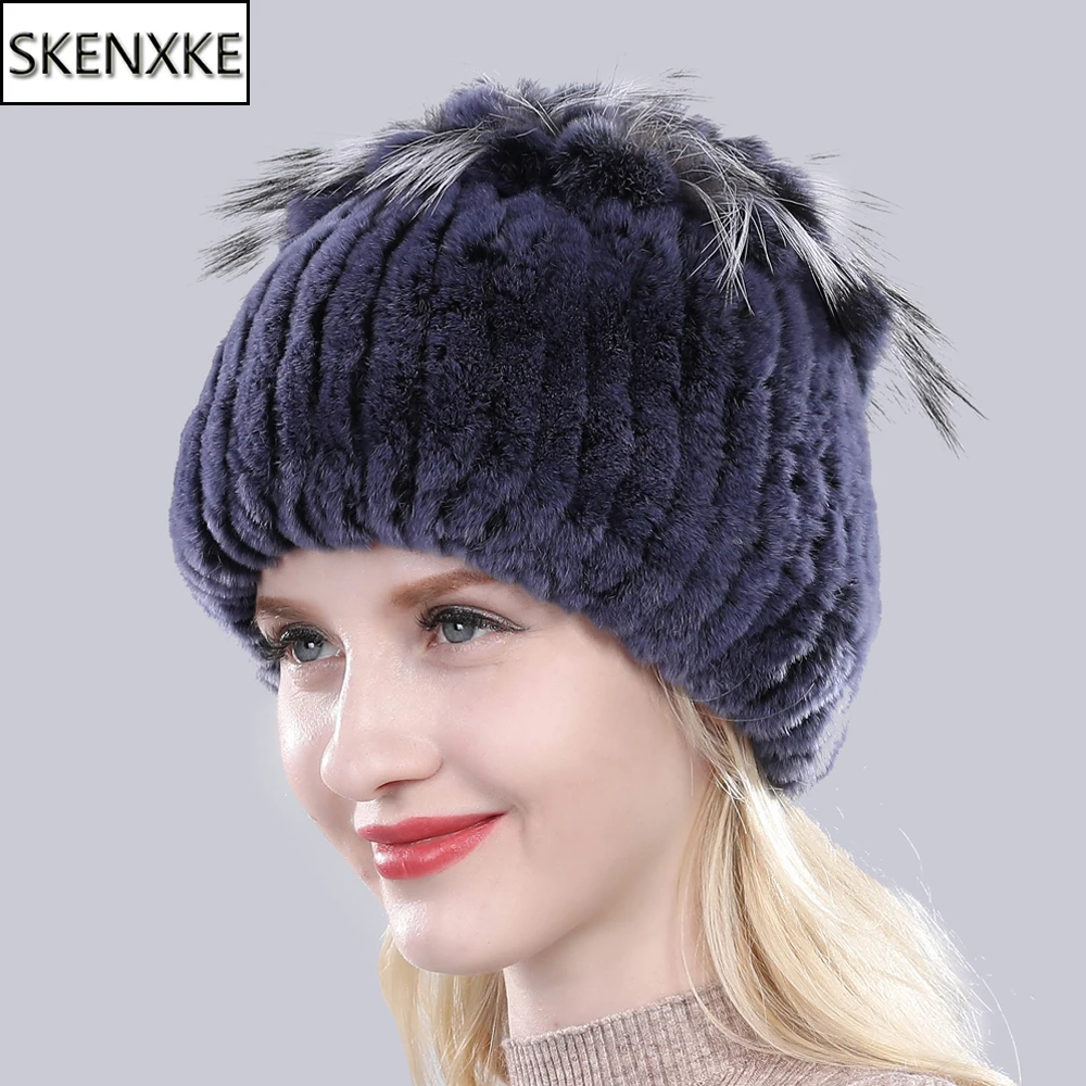 

2019 Russia Women Knitted Real Genuine Rex Rabbit Fur Hat Winter Rex Rabbit Fur Cap Striped Head Top Flower Fox Fur Beanies Caps