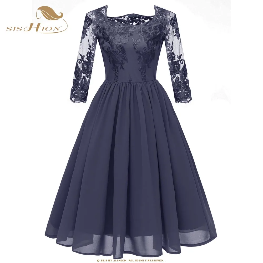 SISHION, элегантное шифоновое платье CD1663,, женское, весеннее, с рукавом 3/4, с вышивкой, кружевное, винтажное, вечерние, темно-синее, винно-красное, серое платье - Цвет: Тёмно-синий