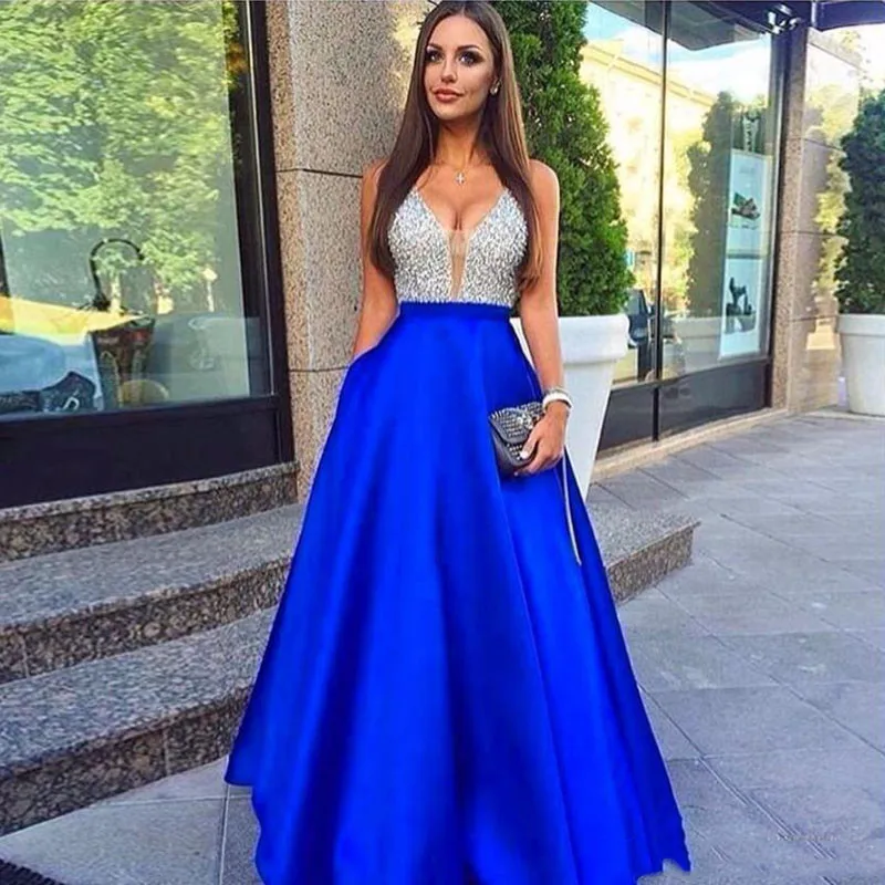 

Royal Blue A Line Long Dress 2017 New Sexy V Neck Beaded Top Formal Gowns with Pocket Gala Vintage Shiny Gowns Evening