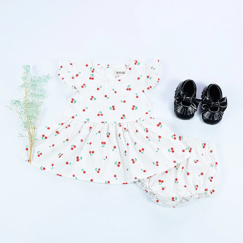 Image Summer Baby Girl Dress Cherry Pattern Cotton Sleeveless Daily Wear Party Dress Pp Diaper Harem Shorts Toddler Kids Clothing 2pcs