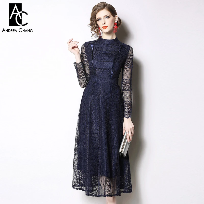 

S-3XL spring summer woman dress transparent sleeve vintage pattern black dark blue lace dress gown vintage sexy over knee dress