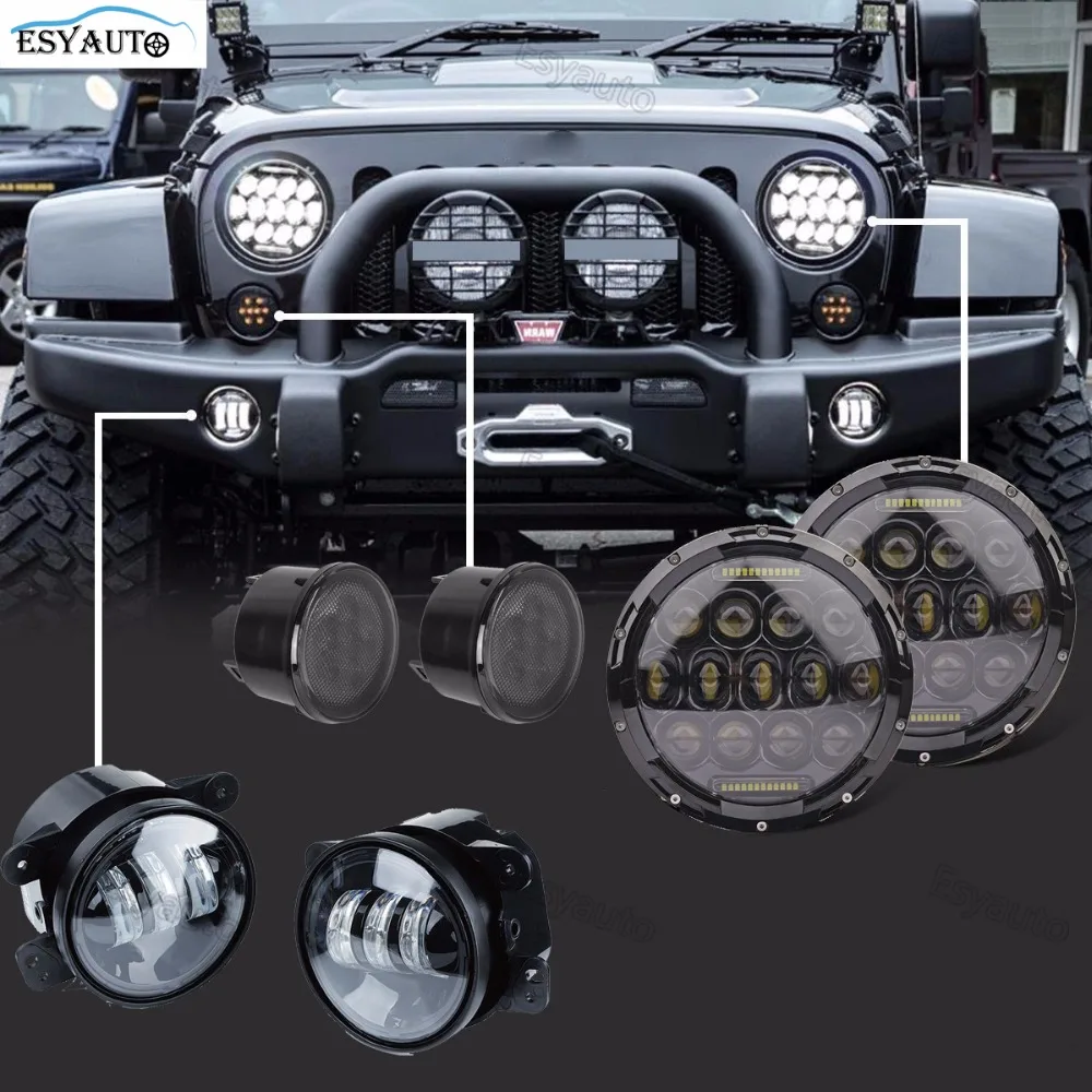 

7 inch 75W Headlights Black Round headlamp+4" LED Fog Lights+Amber Front Turn Signal Light Assembly Side lamp for Jeep 6Pcs/set
