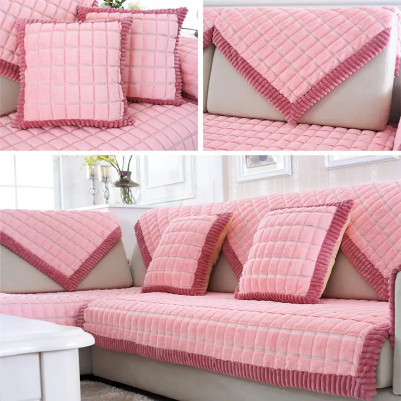 Sofa Cover Modern Brief Pink Grid Soft Slip Resistant Sofa Slipcover