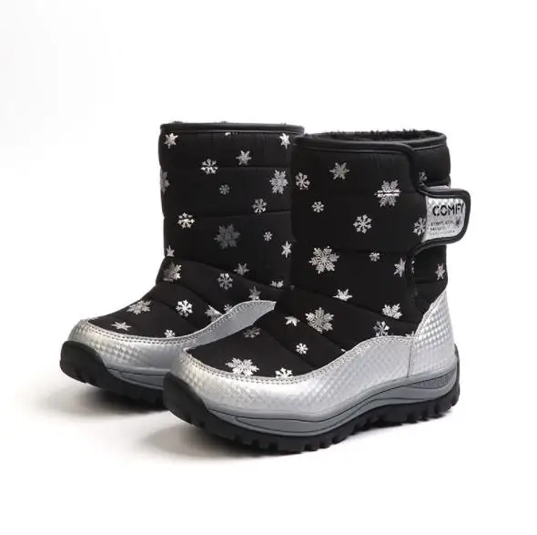 Fashion 1pair Winter warm waterproof Snow Boots Leather children's Girl Boots+ inner 17-20.2cm, Kids ski boots - Цвет: Черный