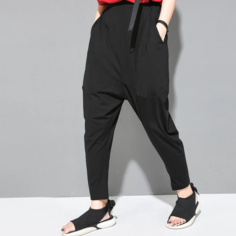 [EAM] New Autumn Winter High Elastic Waist Black Leisure Pocket Stitch Loose Harem Pants Women Trousers Fashion Tide JW997