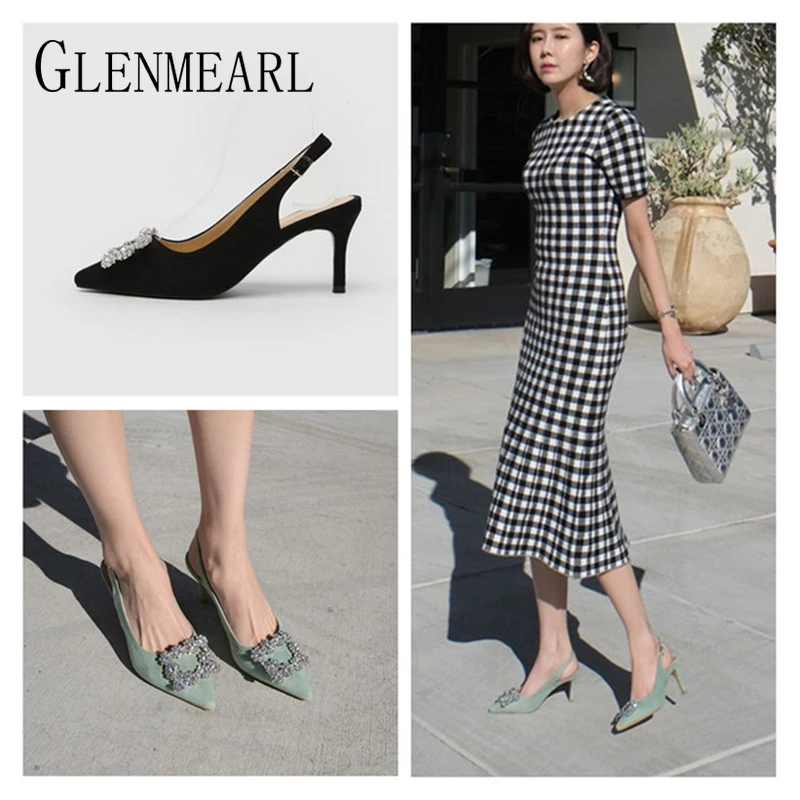 Women Pumps Fashion Ladies Rhinestone High Heels Shoes Soft Leather Heels Shoes Woman Pointed Toe Non-slip Brand Plus Size DE