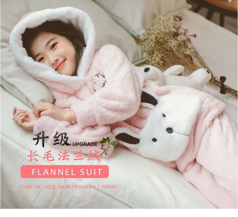 Зимние фланелевые пижамные костюмы с милым кроликом для девочек; комплекты детской одежды для сна с милым рисунком; домашняя пижама с длинными рукавами