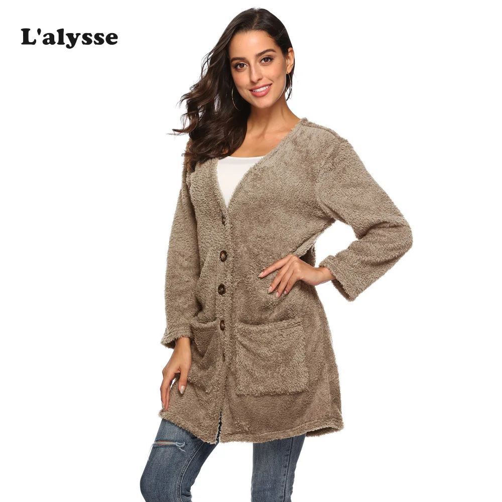 Женский флисовый кардиган LALYSSE теплый с искусственным мехом Свободный длинным