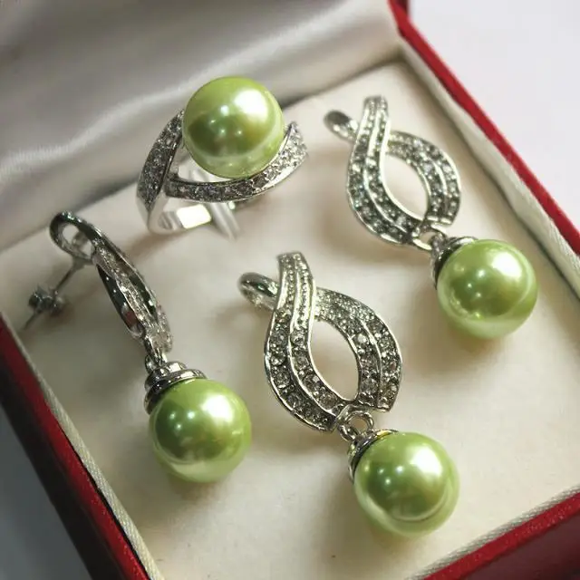 

Hot! noble new jewelry silver plated + 12mm green shell pearl pendant, earring, , ring set