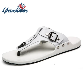 

YEINSHAARS Genuine Leather Men Slippers Beach Shoes Men Flip Flops 2019 Summer Flat Heels Male Slides Luxury Men Shoes