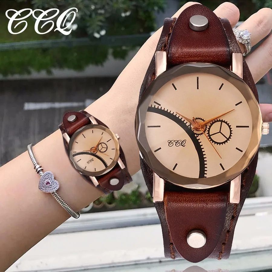 

Hot CCQ Brand Unisex Punk Style Genuine Leather Gear Watch Fashion Women Men Leather Quartz Wristwatches Clock Montre Femme