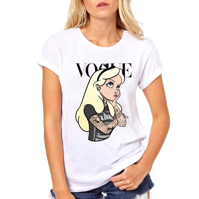 Punk T Shirt Women Cartoon Light Yellow Hair Tattoo Alice Princess Printing Top Female Tee Short Sleeve Shirts Clothing | Женская одежда