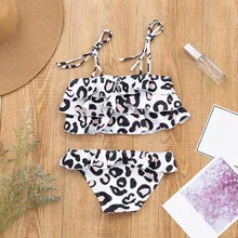 Купальный костюм из полиэстера для девочек; купальный костюм из двух предметов; бикини; пляжные летние леопардовые купальники; комплект одежды; L0517