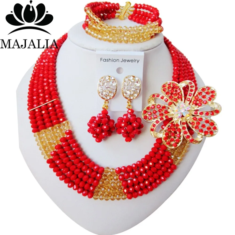

Majalia Trendy Nigeria Wedding African Beads Jewelry Set Opaque red Crystal Necklace Bridal Jewelry Sets 3CS011