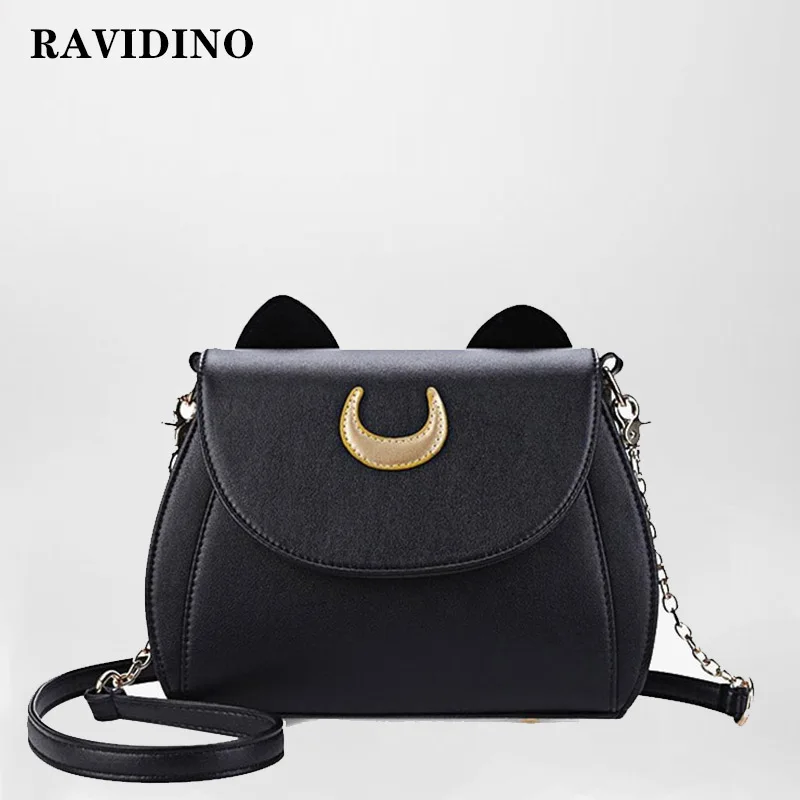 

RAVIDINO Summer Moon Ladies Handbag Black Luna Cat Shape Chain Shoulder Bag PU Leather Women Messenger Crossbody Small Bag