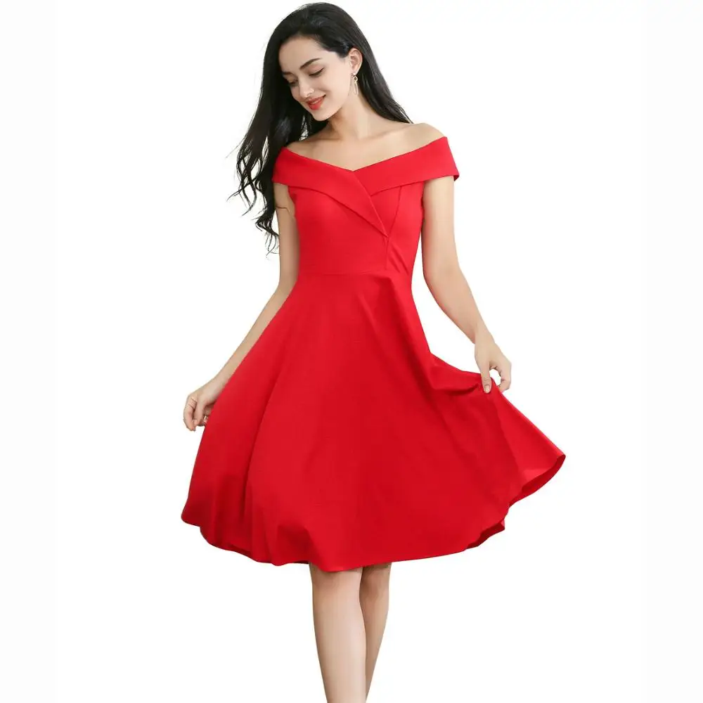 

Women's Vintage Off Shoulder Slash Neck Slim Swing Sexy Cocktail Party Dress High Quality Solid Cotton Dresses