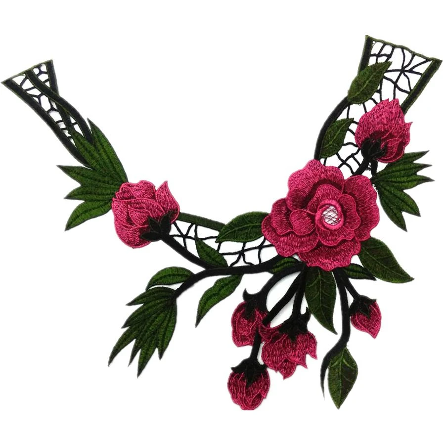 1PC Embroidered Rose Pink Floral Lace Neckline Collar Trim Applique Sew On Clothes sewing